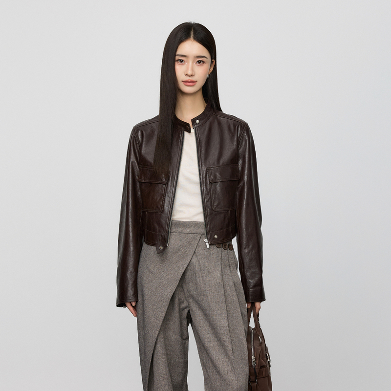 Chen Yuchen Paris Vintage Imported Sheepskin Short Biker Slim-Fit Genuine Leather Jacket for Women Short Jacket