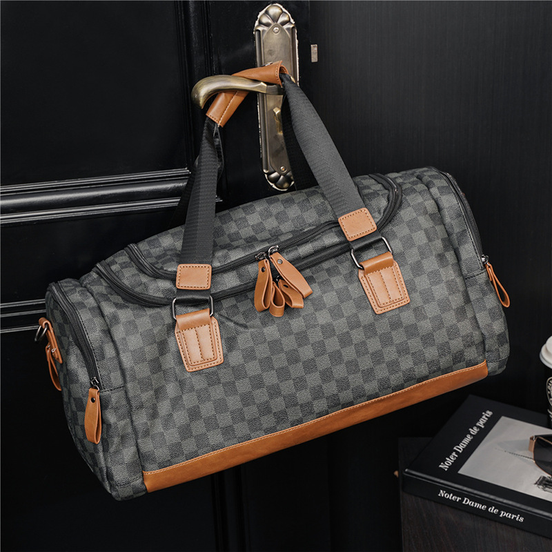Hong Kong Genuine Leather New Plaid Travel Bag Fitness Package Han Edition Men's Bag Casual Fashion Single Shoulder Bag Slanted Satchel Bag
