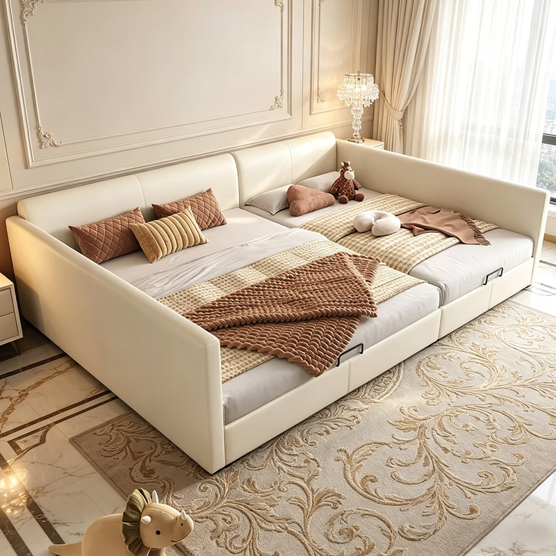 Cream-Colored Style Family Bed for Two Children, Extra-Large Bed for a Family of Three or Four, 3m Connecting Beds That Don'T Disturb Each Other, Mother-Child Bed