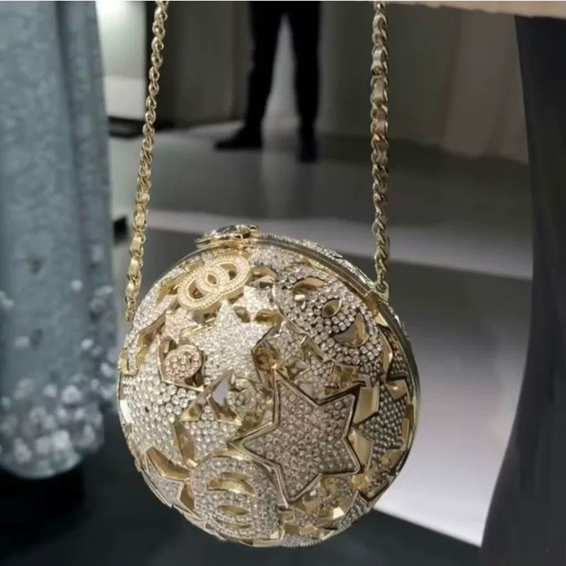 2025 New Style Small Chanel-Style Metal Pentagram Crystal Diamond Ball Star Diamond Round Ball Bag Chain Crossbody Shoulder Bag for Women
