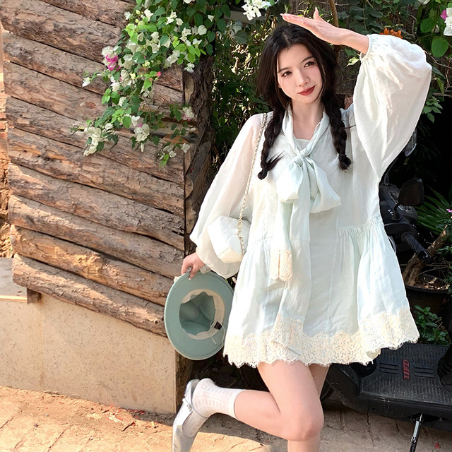 Yu Xiaoping draped jasmine small fresh bow tie sweet tencel embroidered dress loose skirt