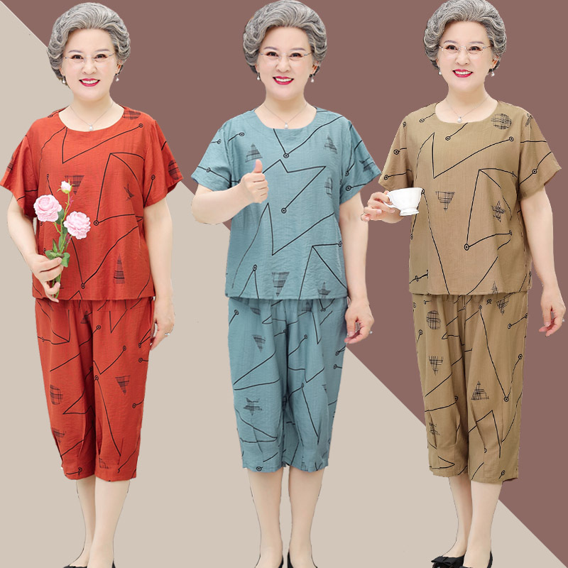 Grandma's Casual Short-Sleeved T-Shirt Set, Women's Shorts, Cotton and Linen Shirt Two-Piece Set, Elderly Women's Home Wear