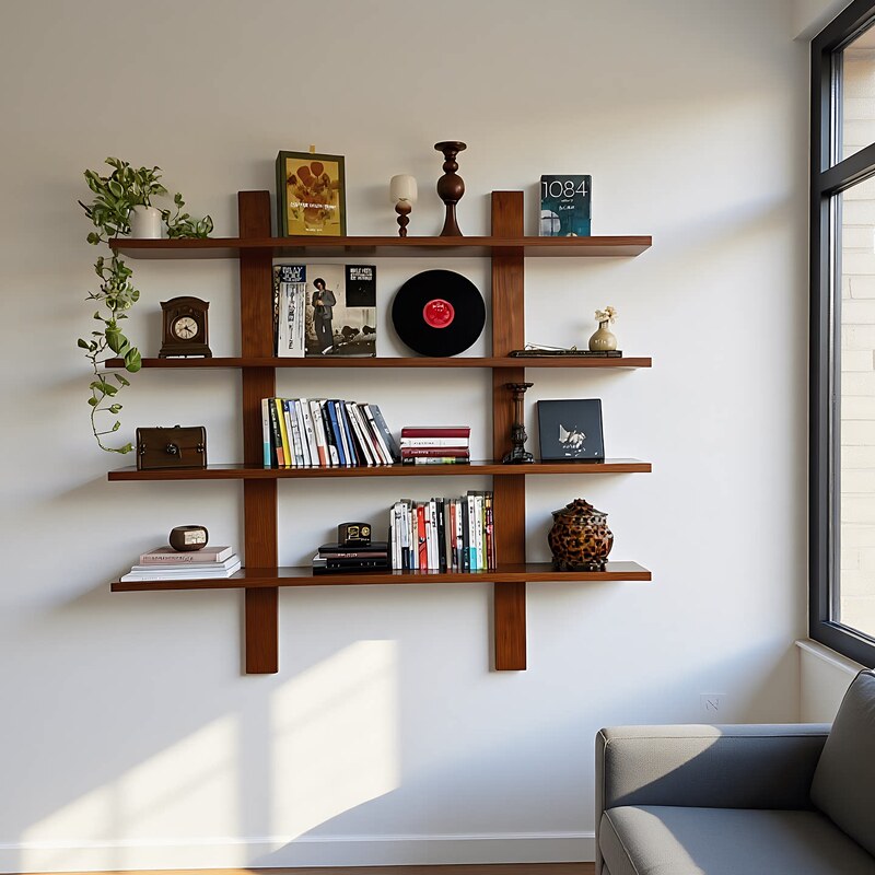 Japanese Minimalist Style Solid Wood Bookshelf, Vintage Bookshelf, Wall-Mounted Shelf, Straight Shelf, Background Wall Shelf Japanese Minimalist Style Solid Wood Bookshelf, Vintage Bookshelf, Wall-Mounted Shelf, Straight Shelf, Background Wall Shelf