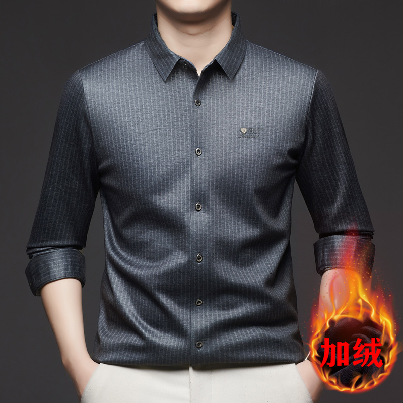 Autumn and Winter Cashmere-Lined Thickened Shirt for Men, Winter Inner Wear, Anti-Wrinkle Stretch Silk Thermal Shirt