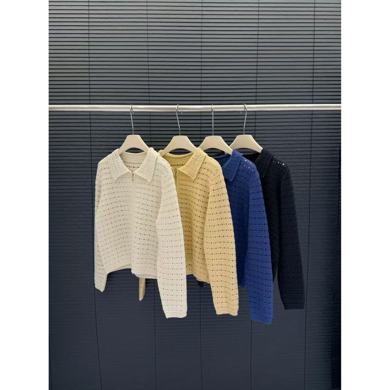 Cangmei Women's Clothing - Waffle Knit Hollow Out Lapel Zipper Design Cardigan