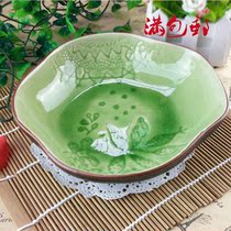 Ceramic Ice Cracking Glazed Green Cutlery Soup Pan Hot Vegetable Dish Leaves Flower Pattern 8 Inch Deformation Pattern Tray