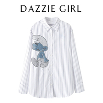 CWJ2020 autumn new loose and wild cartoon pattern embroidery striped shirt long-sleeved top female age reduction