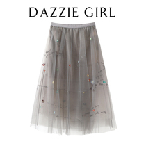 CWJ2020 autumn thin and wild embroidery mesh high waist temperament A-line skirt skirt female 2C3S406