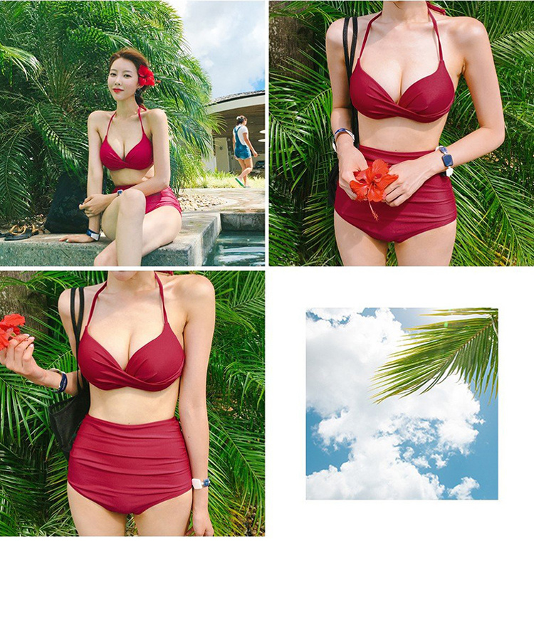 Bộ bikini bikini mùa xuân nóng bỏng của phụ nữ Hàn Quốc ngực nhỏ ngực lớn tập hợp áo tắm màu đỏ gợi cảm là áo tắm mỏng eo cao - Bikinis đồ bơi nữ dạng quần váy