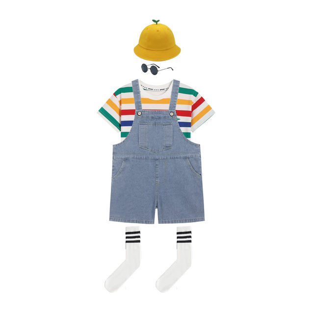 ເດັກນ້ອຍ Denim Overalls Shorts Summer Rainbow Stripe T-Shirt Kindergarten Uniform Graduation Photo Six Day Performance Costume