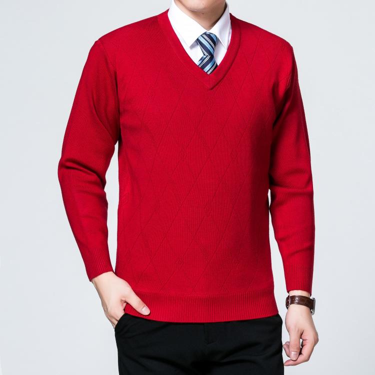 Chú rể mùa thu đông tham dự tiệc cưới, bố, đời thường, áo len nam màu đỏ to, tim gà, áo len cashmere cổ chữ v áo có cổ