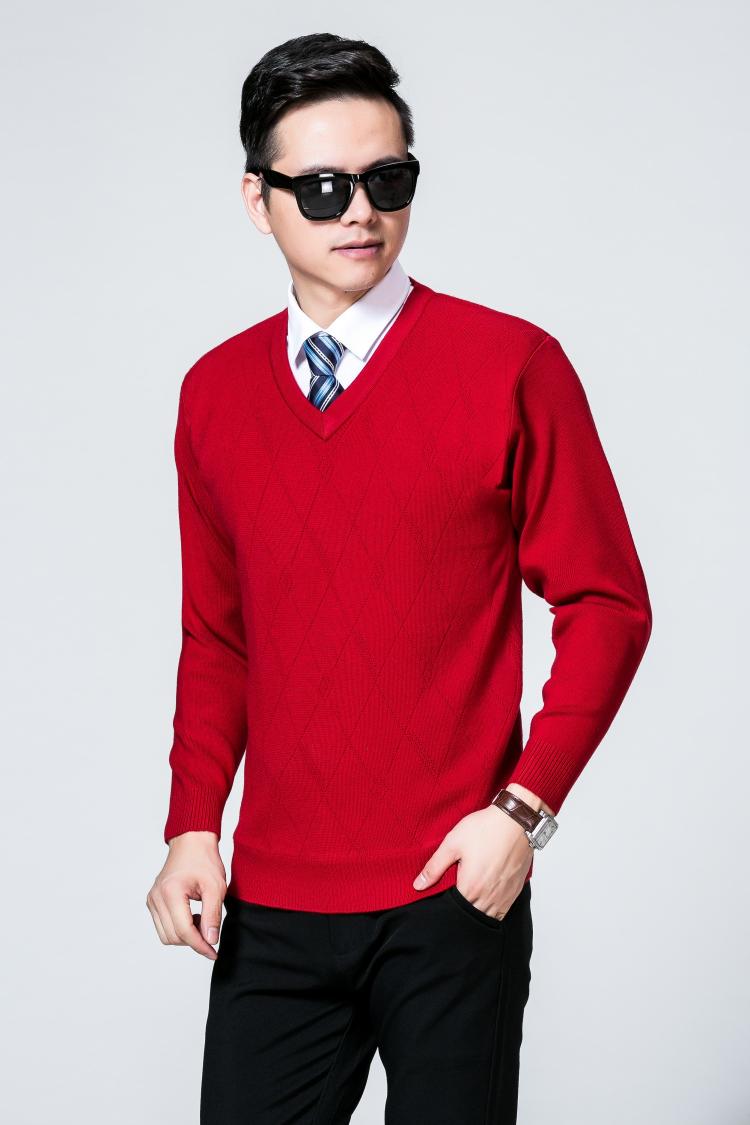 Chú rể mùa thu đông tham dự tiệc cưới, bố, đời thường, áo len nam màu đỏ to, tim gà, áo len cashmere cổ chữ v áo có cổ