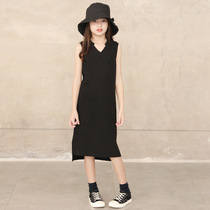 Korean version pure color girl hit bottom dress 2022 spring summer black open fork elastic V collar sleeveless vest dress inn dress