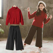 Girl Wide Leg Pants Sweater Suit Two Sets Children Suit Girl Autumn Winter 2022 Nets Red Suit Foreign Air