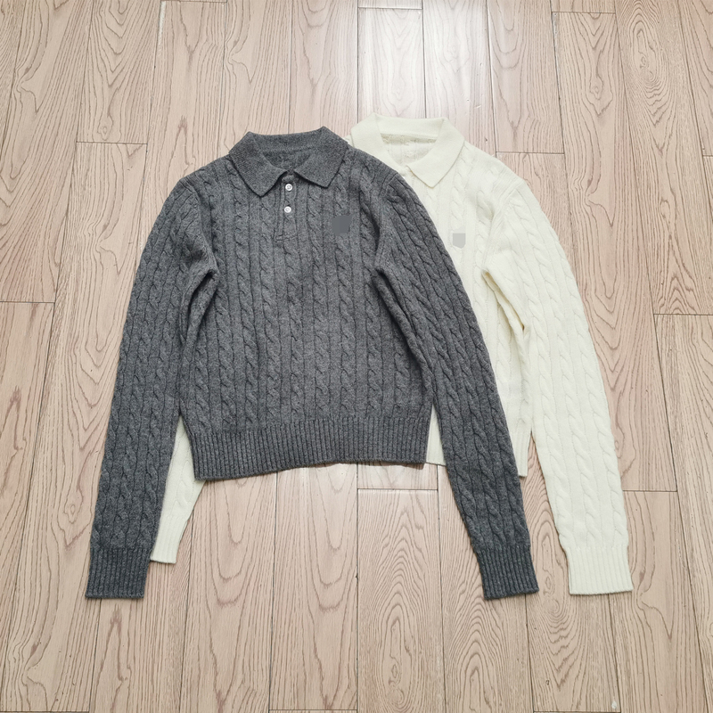 American-Style Lapel Artistic Retro Wool + Cashmere Pullover Knitwear 26 Spring Women's Cable Knit Texture Polo Collar Sweater