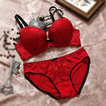 Crimson European and American thin Cup sexy underwear this year lace gathering cute bow double-breasted bra set