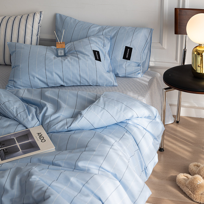 Комплект постельного белья 虾米的故事 из 100% хлопка в полоску синий цвет 3-4 предмета для студенческого общежития