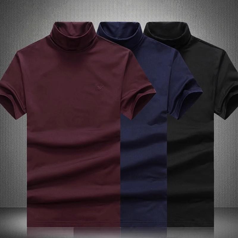 Silk-Like Cotton Thick Short-Sleeve T-Shirt for Men, Slim Fit, Large Size, Convertible High Collar, Half-Sleeve Base Shirt, Spring Inner Wear Top t