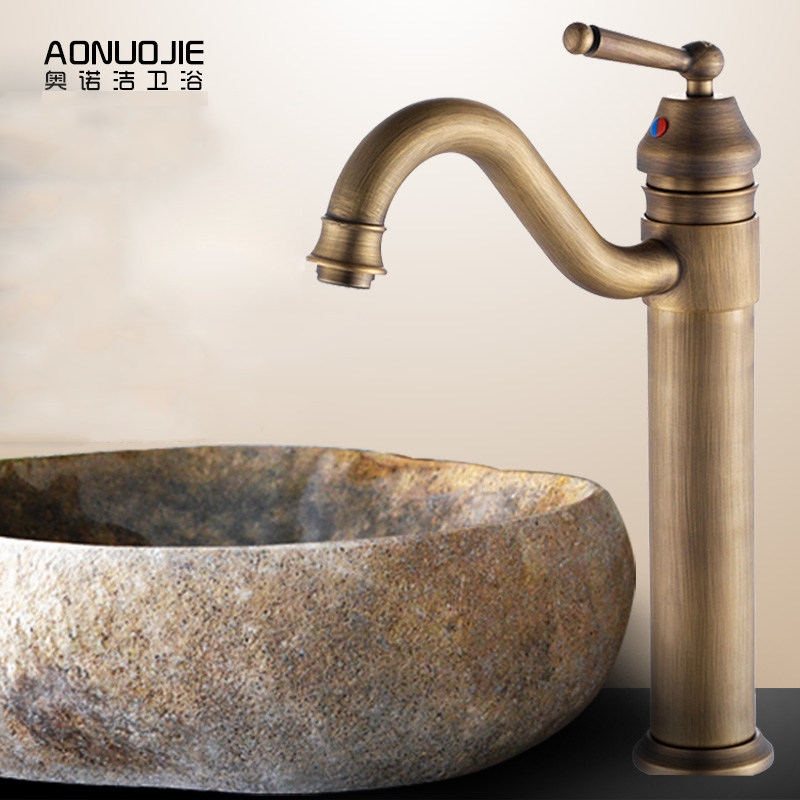 Full copper rotating surface basin tap antique European style hot and cold water tap with high single hole stage basin tap retro tap
