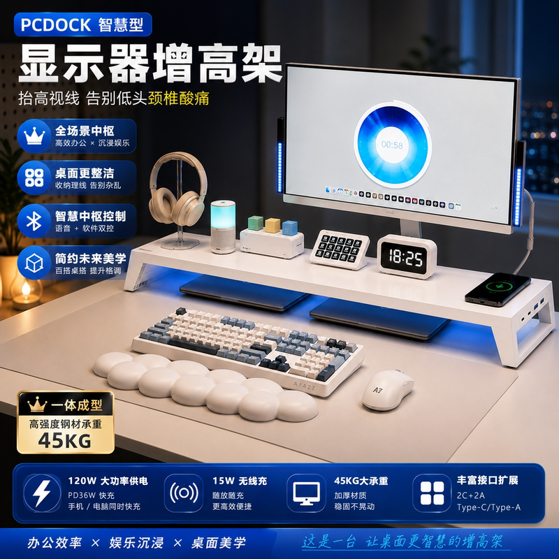 Pcdock New Smart Version Computer Multi-Function Monitor Riser Rgb Colorful Light USB Docking Station