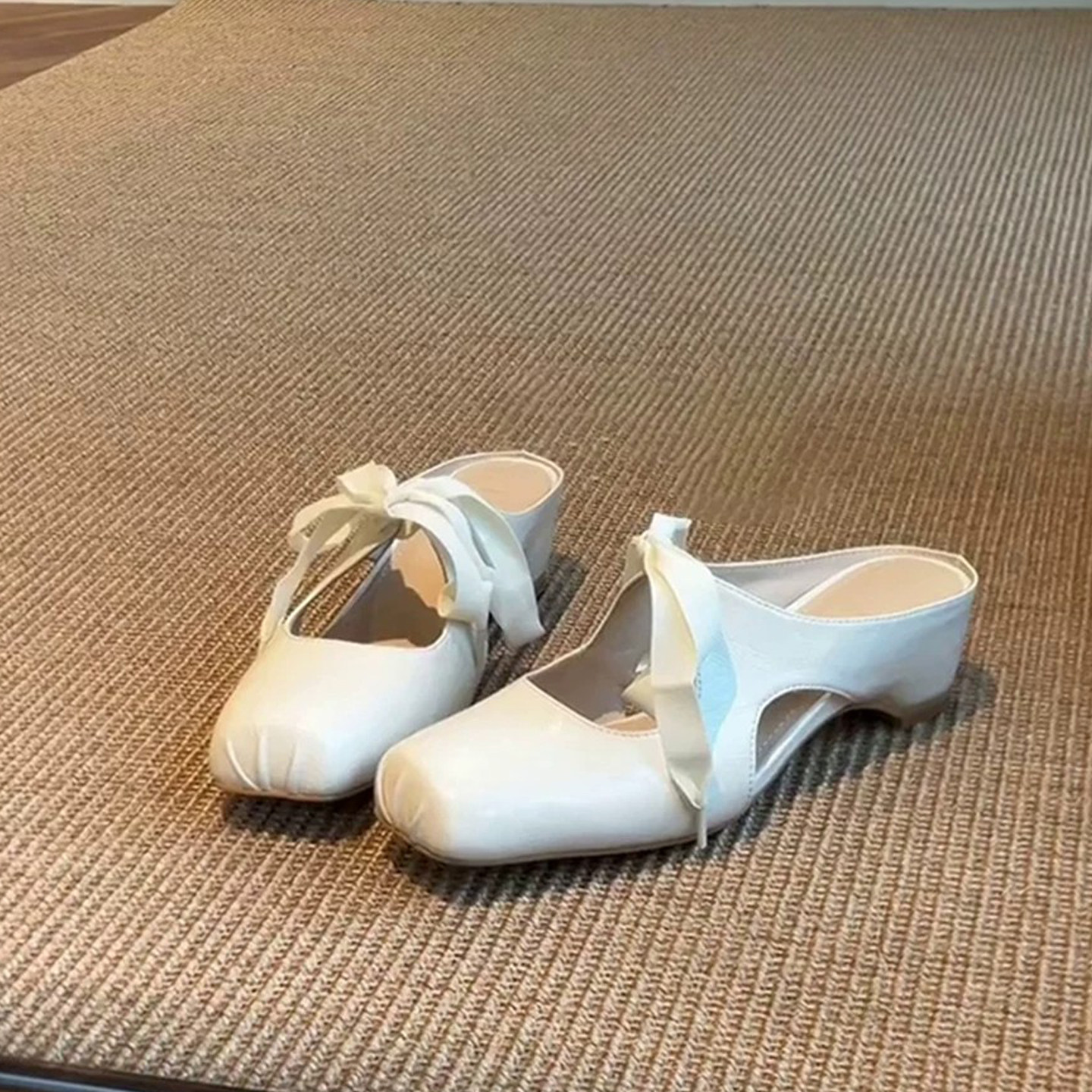 Sheepskin version ~ French bow ballet style square toe sandals for women, slip-on, hidden wedge heel, closed toe slippers