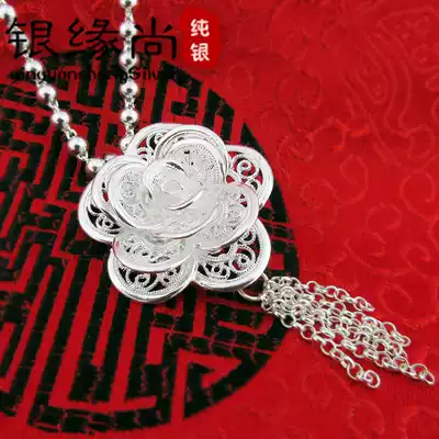 Rose flower sterling silver pendant female S990 foot silver necklace hollowed out vintage carved silver long sweater refining accessories