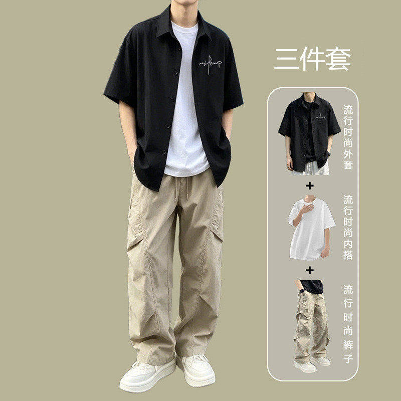 Korean Gioi Summer White Short-Sleeved Shirt Set for Boys, Trendy Teenagers, Casual and Stylish Three-Piece Outfit