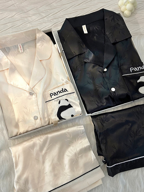 Korean Gioi Panda Couple Pajamas for Women, Summer Ice Silk Short-Sleeve Gift Box, Men's Silk Long-Sleeve Loungewear Set