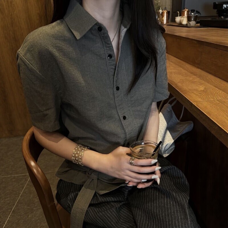 Chengye Ribbon Linen Original Cowhide Shirt Short Sleeve Cleanfit Lazy Texture Elegant Atmosphere Dert Chengye Ribbon Linen Original Cowhide Shirt Short Sleeve Cleanfit Lazy Texture Elegant Atmosphere Dert