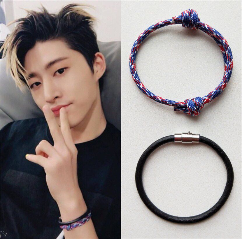 Kim Hanbin's same bracelet B I red blue white bracelet black leather rope Korean star male and female couple Yilin jewelry