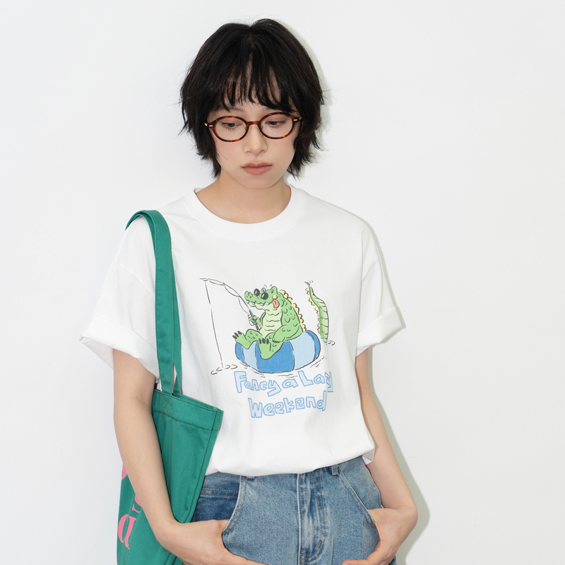Goodsoulpark Japanese-Style Fun Crocodile Print Short-Sleeve Summer Pure Cotton Loose T-Shirt Good Soul Park