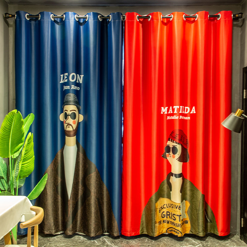 Custom long cord coarse hemp fashion lovers cartoon full shading thickened printed floating curtains small window living-room bedroom living room