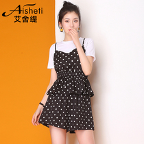 Esherti summer waist short sleeve round neck set womens new polka spot chiffon shirt with wide leg shorts three-piece tide