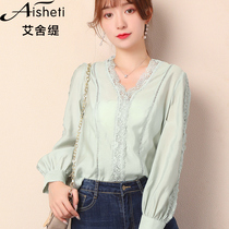 Esherti lace V-neck top female niche design sense chiffon shirt 2021 new long sleeve foreign style shirt thin