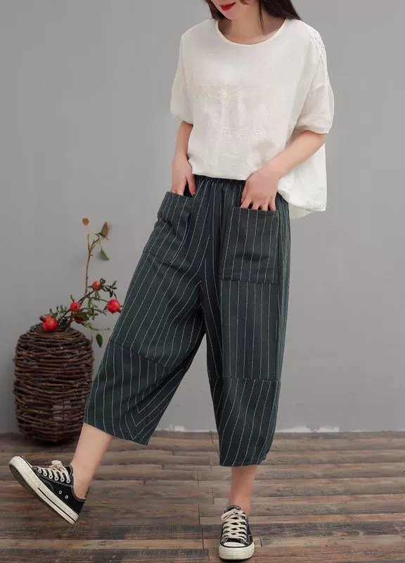 A5 retro cotton và linen cắt quần túi lớn ở hai bên lỏng lẻo kích thước lớn đàn hồi eo quần quần sọc cà rốt dọc - Quần Harem