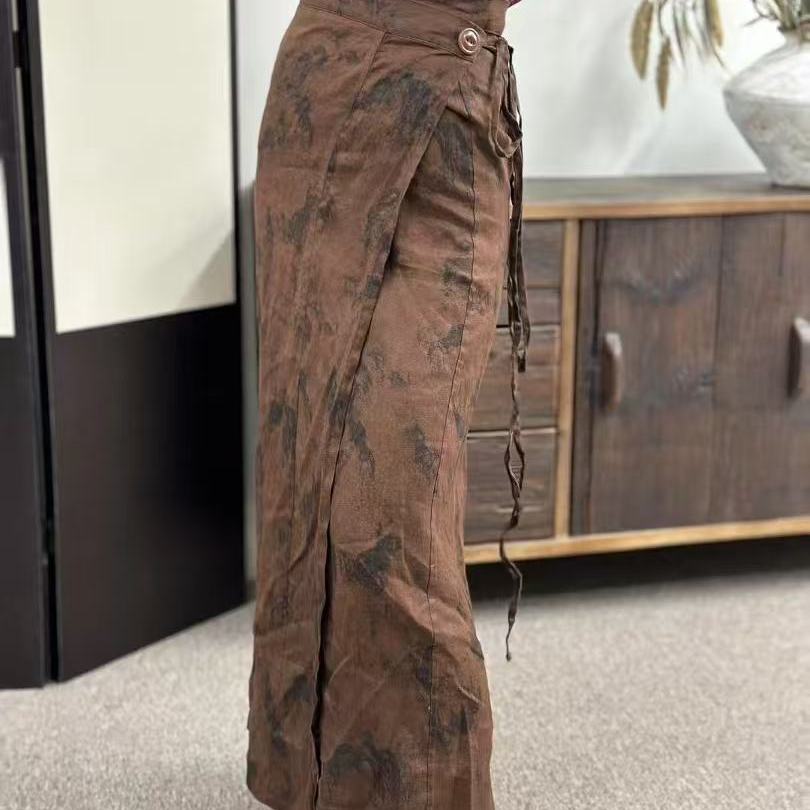 22513 固定染め水墨画ワンピース純麻ラップスカートオールマッチスカート新中国風ストラップミディスカートレディース