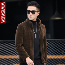 Winter fur one-piece mens leather double-sided wear sheep shearing coat short lamb jacket Fur coat