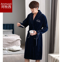 Pajamas Mens autumn and winter gowns plus suede with long Coral suede sleeping robe Thickened Bath Clothes home looser Enlargement Flannel Flannel