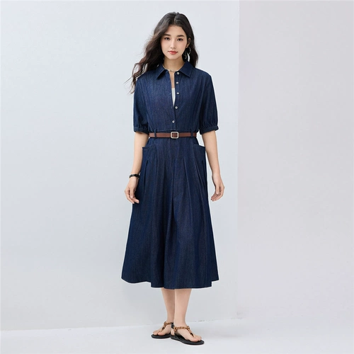 Женское джинсовое платье в стиле Giordano miu с плиссированными лацканами и полуоткрытой 𫔭 планкой 18465506