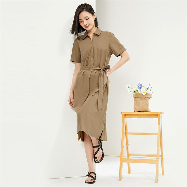 Giordano skirt women's new pure cotton poplin belted shirt dress V-shaped lapel dress for women 05464325