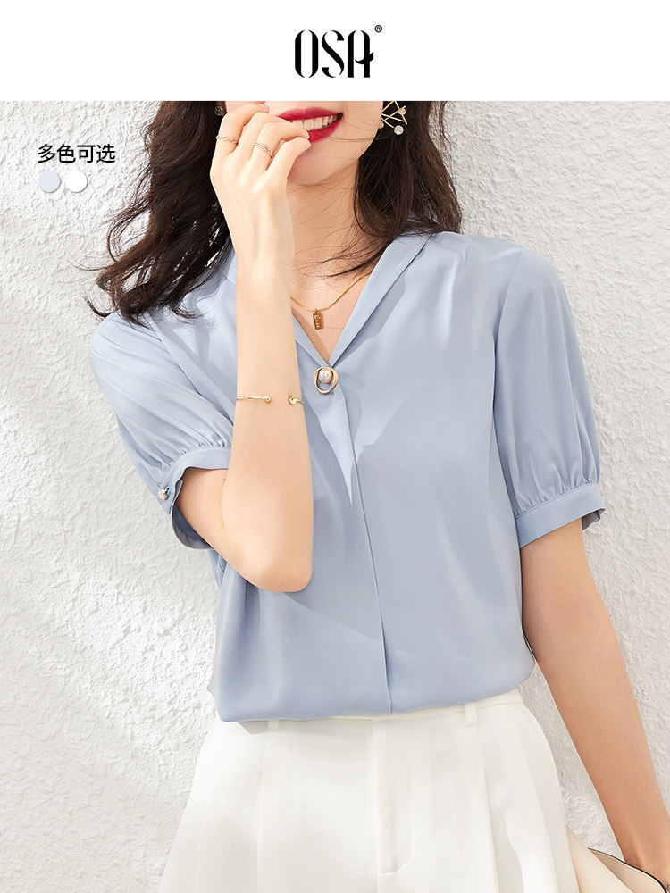 OSA profile blue professional chiffon shirt women's summer 2021 new fashion V-neck shirt short-sleeved top