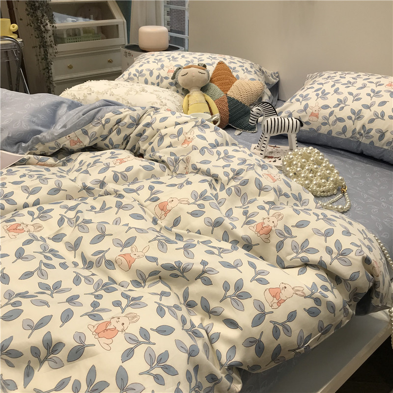 0ins Korean style fresh blue cartoon girl heart bunny pastoral style floral bed four-piece set pure cotton