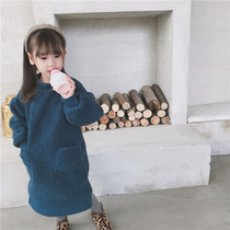 Childrens Wear 18 Autumn Winter Girls Lamb Cashmere Long Dress Children Thick Sleeve Sweater Dress 671