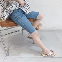 Korean version of boys and girls good tie denim stretch pants children burrs retro five-point Tide pants outer pants 634