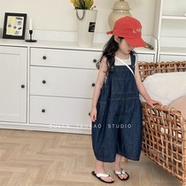 Korean style childrens clothing girls loose denim overalls 2024 summer new product unisex baby fashionable light jumpsuit