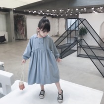 Korean atmosphere new girl doll collar college style dress childrens striped cotton linen long skirt 29