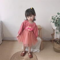 Sweet foreign childrens clothing girl mesh stitching letter sweater skirt baby cute long sleeve dress 441