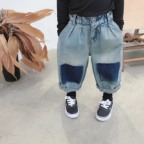 Autumn and winter Korean childrens clothing boys and girls retro personality loose denim trousers children make old loose jeans 791