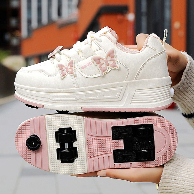 Girls' Spring Four-Wheel Retractable Shoes with Brakes, Children's Shoes with Invisible Flying Wheels, Roller Skates