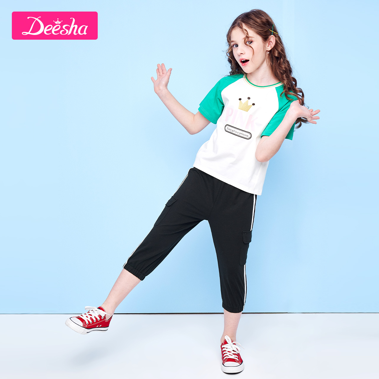 Desa Girlpants 2020 Summer New Medium Và trẻ em cô gái thể thao Đen Bảy quần mỏng màu đen.